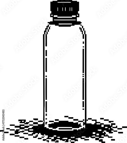 Minimalist pixel art transparent plastic bottle with black cap simple digital design, eco container, clean white background