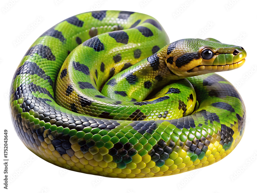 Fototapeta premium Green anaconda snake coiled serpentine reptile detailed close-up studio portrait