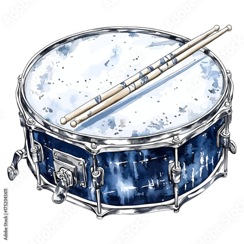 Watercolor Blue Snare Drum with Drumsticks
