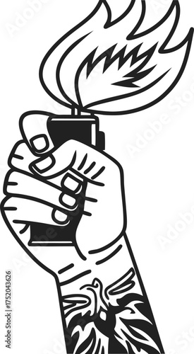 Hand holding lighter with flame, tattooed wrist illustration black and white bold line art design, fire, and tattoo concept