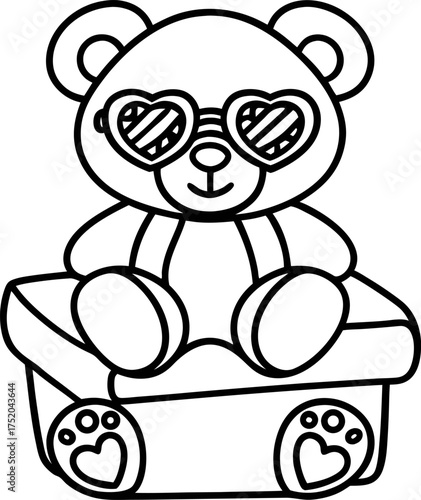 Cute plush bear with heart sunglasses sitting on gift box adorable toy illustration, love and celebration concept
