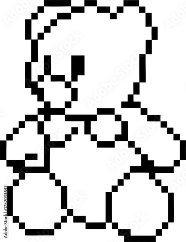 Pixelated plush bear outline drawing retro pixel art cute toy, black and white simple design for coloring or digital games