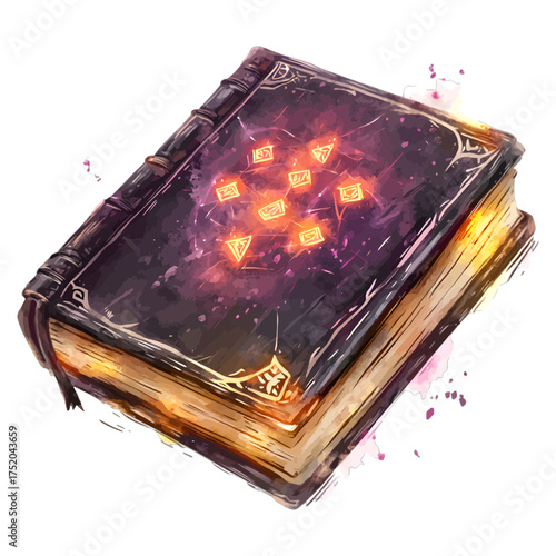 Watercolor Mystical Spellbook with Glowing Runes
