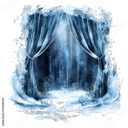 Watercolor Winter Stage with Blue Curtains and Falling Snow
