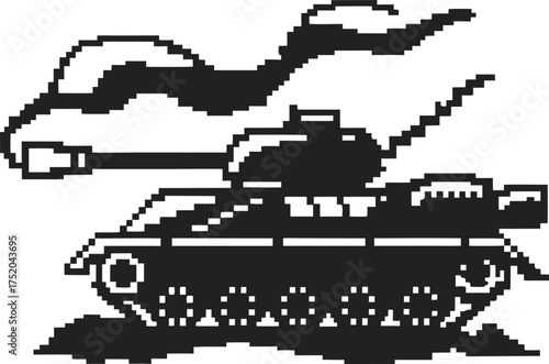 Pixel art military tank with large cannon, digital smoke, retro 8 bit style, isolated on white background illustration