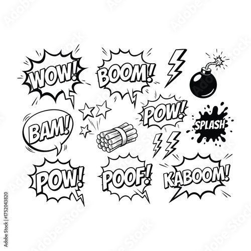 Comic book sound effects and action words with explosive and impact elements