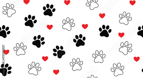Adorable seamless pattern featuring black and white pet paw prints and loving red hearts on a white background