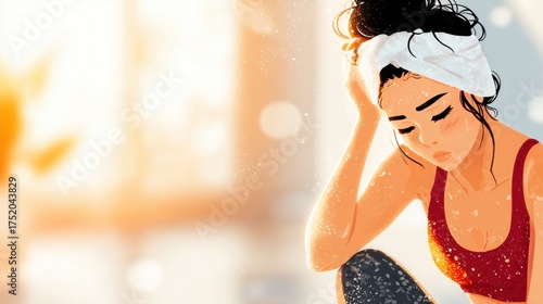 A young woman sits tiredly while wiping sweat from her forehead after a tough workout, with sunlight streaming in the room.