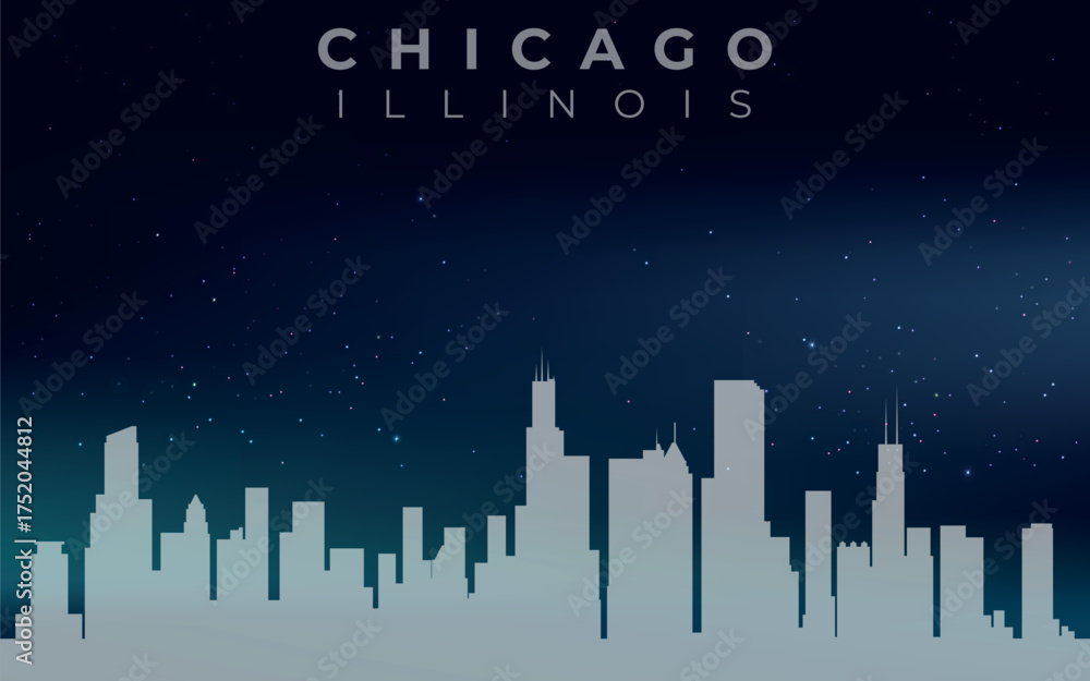 Fototapeta premium Silhouette of Chicago, Illinois, against a night sky with stars. Characteristic high-rise buildings are visible, including, presumably, the Willis Tower.