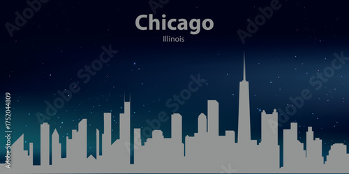 Silhouette of Chicago, Illinois, against a night sky with stars. Characteristic high-rise buildings are visible, including, presumably, the Willis Tower.