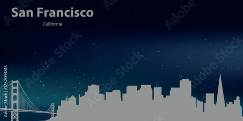 Silhouette of San Francisco, California, against the night sky with stars. The Golden Gate Bridge silhouette is visible on the left edge.