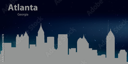 Silhouette of the city of Atlanta, Georgia, against a night sky with stars. The names “Atlanta” and “Georgia” are written in white text at the top of the image.