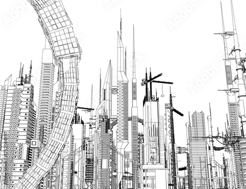 Futuristic city contour drawing in black and white, featuring tall skyscrapers and construction cranes against a clean white background.