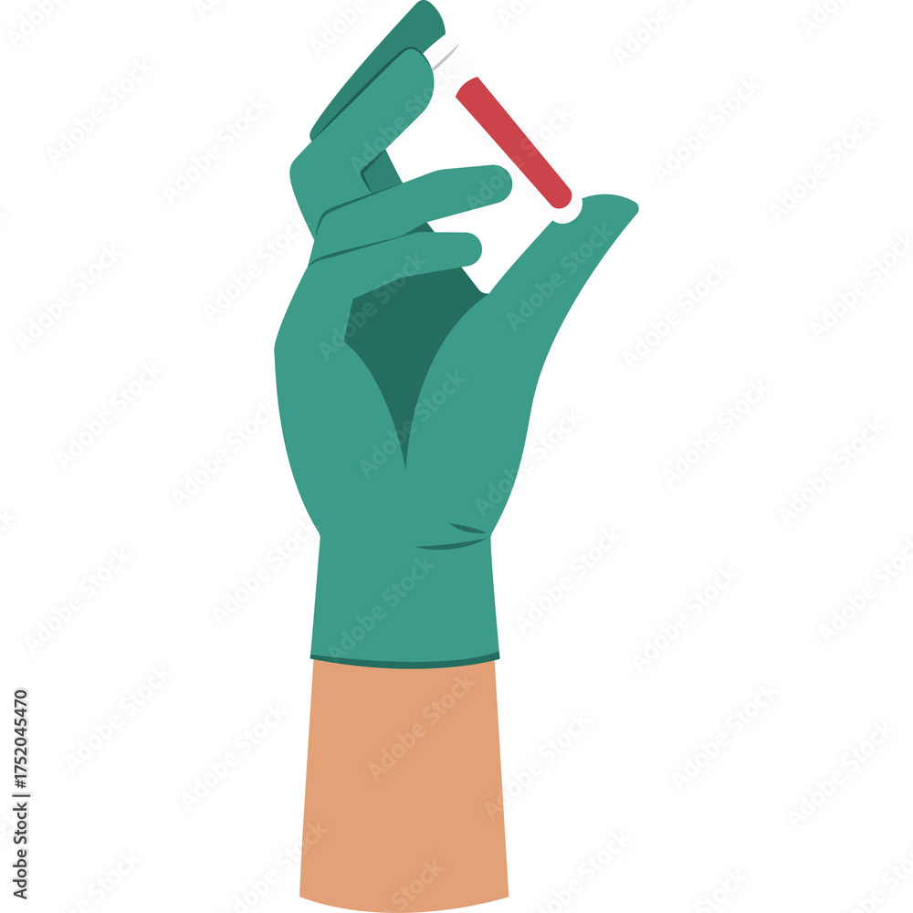 Obraz premium Teal gloved hand holds clear test tube with red liquid against transparent background medical research and science concept