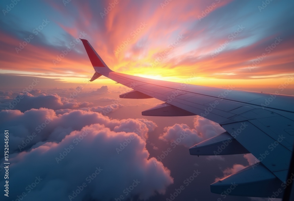 Obraz premium Airplane Wing Against Dramatic Cloudscape Painted with Vibrant Skycolors