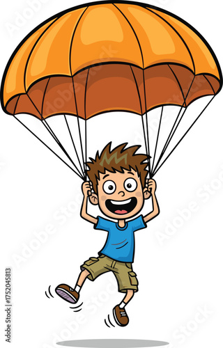 Cartoon boy parachuting, adventure concept, skydiving character, white background, orange parachute, outdoor activity, excitement, flying, fun, illustration
