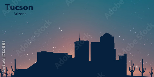 Silhouette of Tucson, Arizona, against an evening or morning sky with a gradient from blue to orange. There are also several small white dots imitating stars.