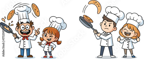 Cartoon chefs flipping pancakes, adult and child cooking together, kitchen teamwork, happy expressions, breakfast fun, vector illustration, white background