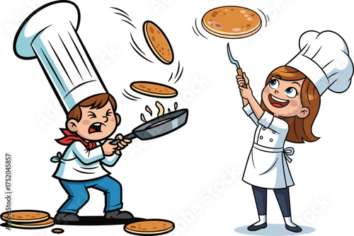 Cartoon chefs flipping pancakes, cooking contrast, angry and happy expressions, kitchen humor, culinary action, food preparation, colorful illustration, playful design