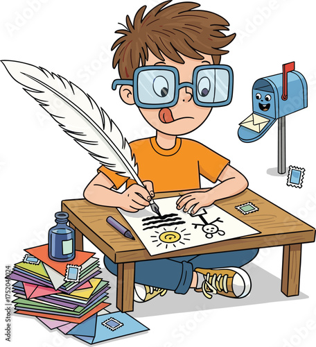 Cartoon child drawing with quill, creative letter writing, colorful envelopes, mailbox delivery, whimsical desk scene, storytelling concept, playful illustration