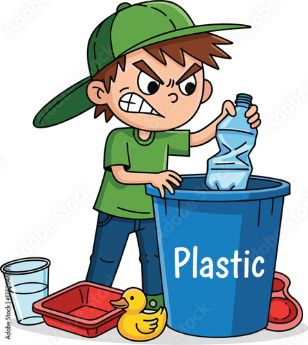 Cartoon child recycling plastic bottle, angry expression, environmental awareness, waste disposal, blue bin, plastic items, vector illustration, white background