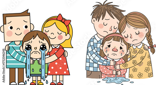 Cartoon children comforting crying friend, emotional support scene, empathy and care, mental health awareness, sadness recovery, colorful illustration, community bonding