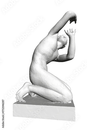 A black and white statue of Ilioneus kneeling in a pose of mercy, with bowed head and outstretched arms, set against a plain white background.
