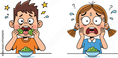 Cartoon children eating vegetables, shocked reaction, funny food moment, broccoli bowl, picky eaters, expressive faces, vector art, white background, parenting theme