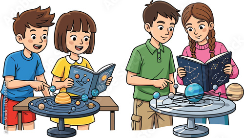 Cartoon children learning solar system, studying planets and constellations, science education, astronomy model, classroom activity, vector illustration, white background