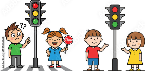Cartoon children learning traffic light rules, stop and go signals, pedestrian safety awareness, road education, outdoor scene, colorful illustration design