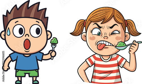 Cartoon children reacting to green food, surprised and disgusted expressions, picky eaters, vegetable aversion, funny moment, colorful illustration design