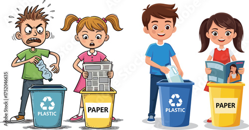 Cartoon children recycling paper and plastic, eco-friendly activity, waste segregation, environmental awareness, teamwork moment, vector art, white background, clean habit