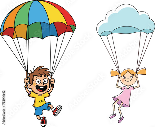 Cartoon children skydiving with colorful parachutes, happy boy and girl flying in sky, playful kids adventure, fun outdoor activity illustration