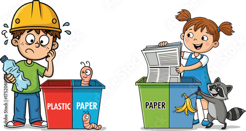 Cartoon children sorting waste for recycling, environmental awareness, plastic and paper bins, eco-friendly habits, colorful illustration, sustainability education scene