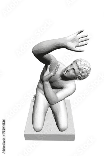 A black and white statue of Ilioneus kneeling with arms outstretched, pleading for mercy against a plain white background.