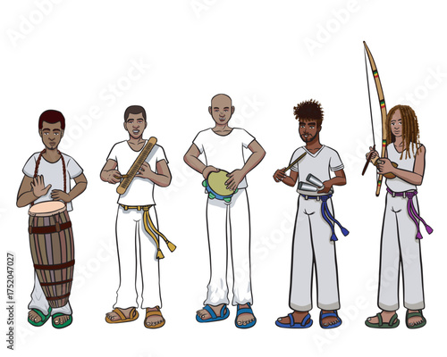 Musicians of the sport and dance called Capoeira who play respectively atabaque, reco-reco, pandeiro, agogo and berimbau. Transparent background