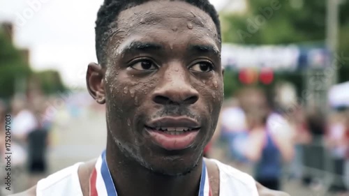 Close-up portrait of a young Black man with a medal, looking at the camera with a slight smile.