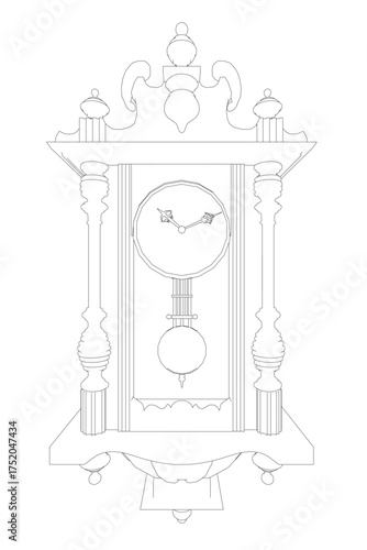 Vintage grandfather clock contour drawing on a white background features a round face with two hands and a second hand pointing to the 12 o'clock position.