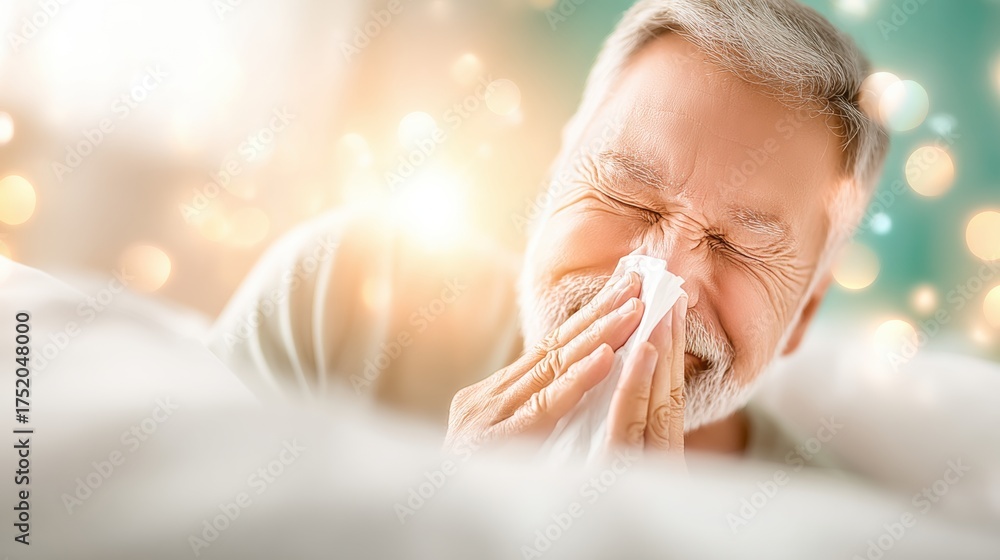 Naklejka premium An elderly man sits on a bed, sneezing into a tissue while surrounded by soft lighting in a comfortable room.