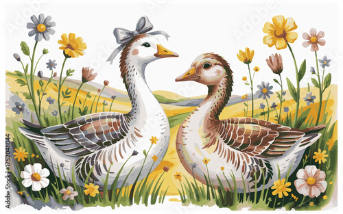 Charming geese waltz through wildflower meadows, perfect for children's books or springtime celebrations, bringing classic storybook charm to life