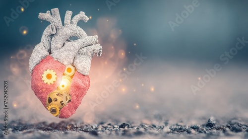 A heart structure combines natural and mechanical elements, symbolizing the connection between biology and technology in a creative design.