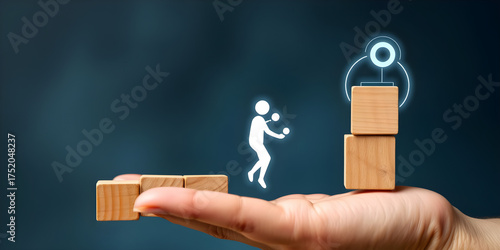 Skill competency development concept. Up new ability skill training for technology evolution. Leadership thinking upskill. Hand hold wooden cube, soft skill digital icon. Education learning talent 