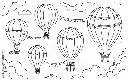 Enchanting hot air balloons soar amidst fluffy clouds, ready to spark creativity in children's coloring books and whimsical design projects