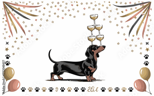 Celebrate New Year's Eve with an adorable dachshund balancing champagne glasses in a festive party scene, a fun invitation or greeting card design