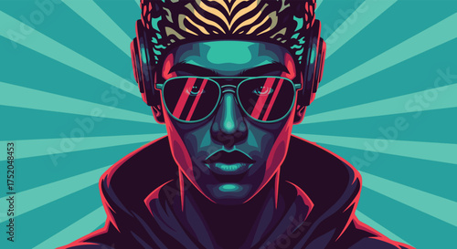 Retro pixel art portrait of a stylish person wearing sunglasses and a unique hairstyle. This vibrant image features a teal and pink color scheme with radiating lines in the background.