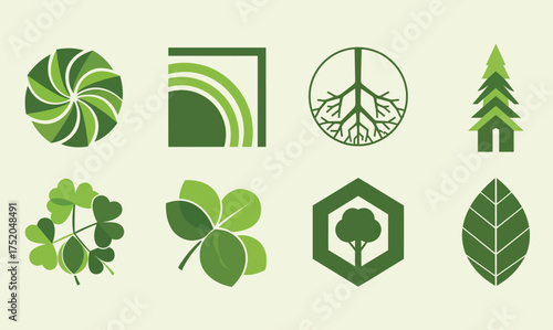 Set of Eight Green Nature and Ecology Icons - Environment, Sustainability, Leaf, Tree, Peace, and Organic Symbol Vector Collection for Eco Branding