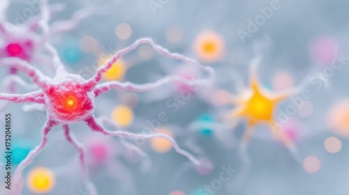 Neurons with bright colors and glowing connections are shown, representing brain activity and scientific research in neuroscience.
