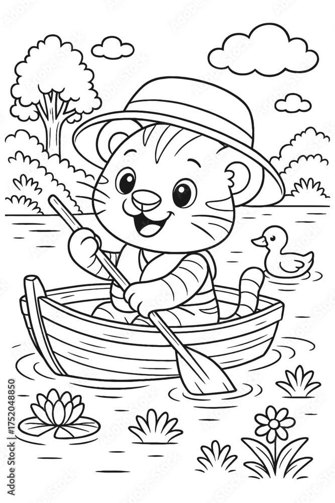 Fototapeta premium A happy tiger cub wears a hat and rows a boat in a serene pond with a duck.
