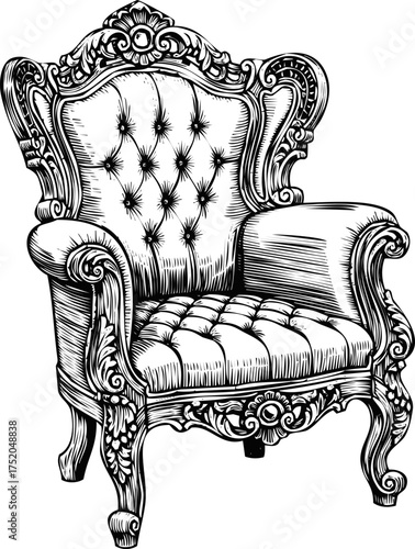 Ornate armchair, showcasing intricate carvings and luxurious upholstery details