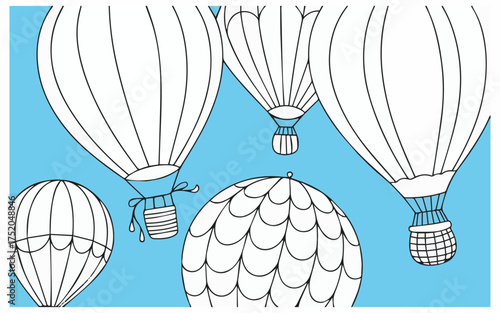 Floating away with hot air balloons against a cheerful blue sky, perfect for a whimsical storybook illustration or dreamy travel adventure theme